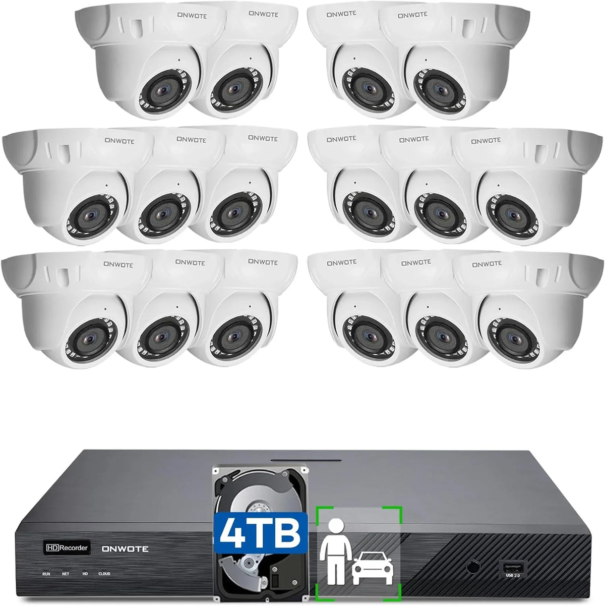 Vehicle PoE 16CH Detection, PoE 4K Camera Human for HDD Security Outdoor 24-7 Business 8MP AI IP Recording, & 16 4TB NVR Channel Surveillance 6MP pre-installed with Cameras, 16pcs ONWOTE System, 4K