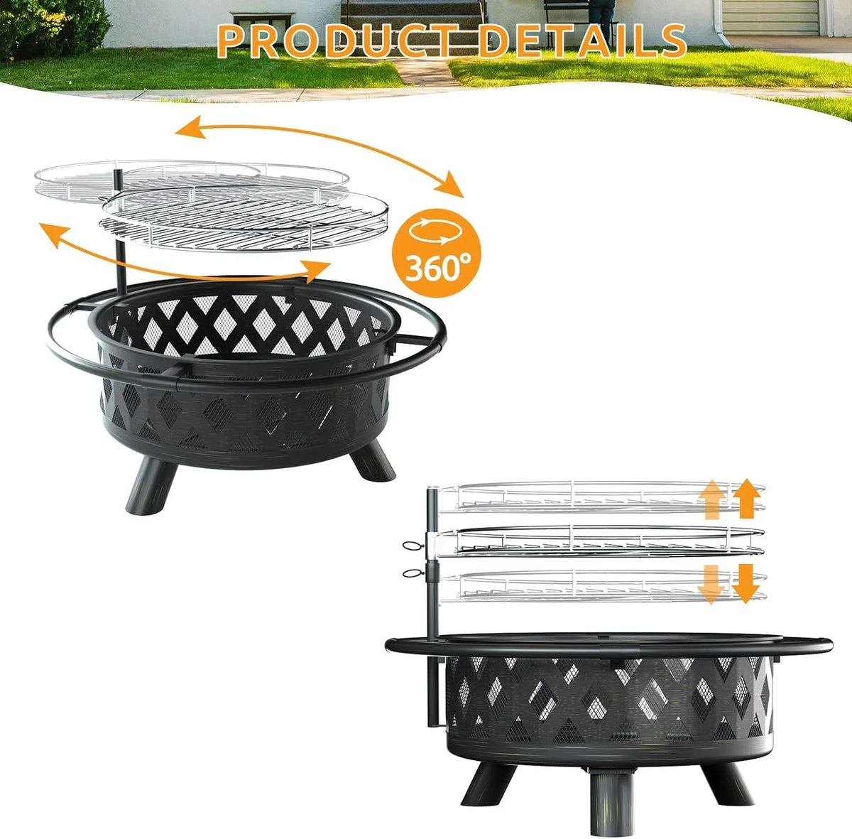 Garden, Pits, Inch Bonfire, Poker Camping, Large ECOPATIO with Grill Pit for Grate, Cooking Outside, Wood Picnic Firepit Screen & Patio Burning for 30 Spark Backyard Steel Fire BBQ Outdoor Fire
