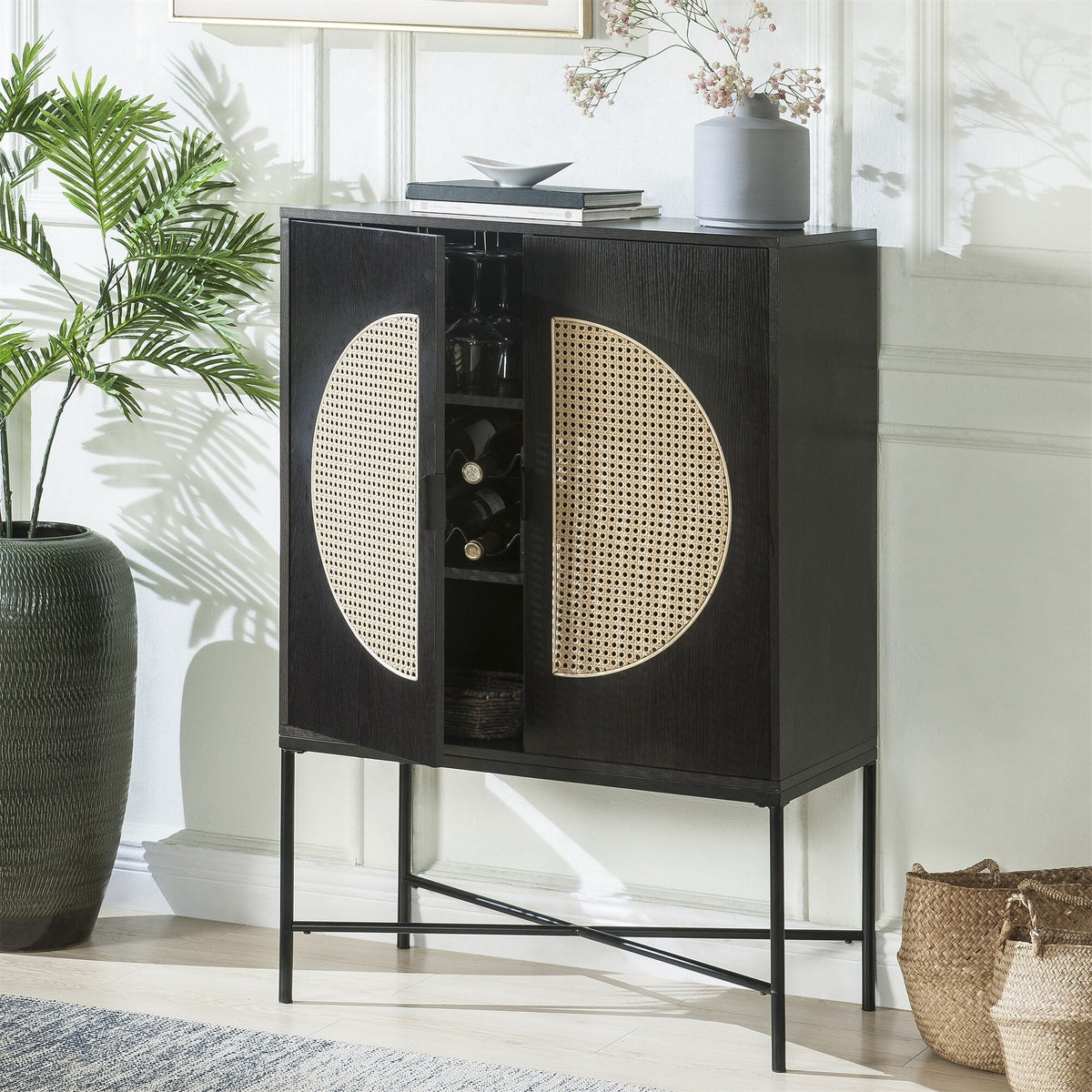 Cabinet & Black Wine Locker Finish Wine Wood Rack, BESTCOSTY Metal