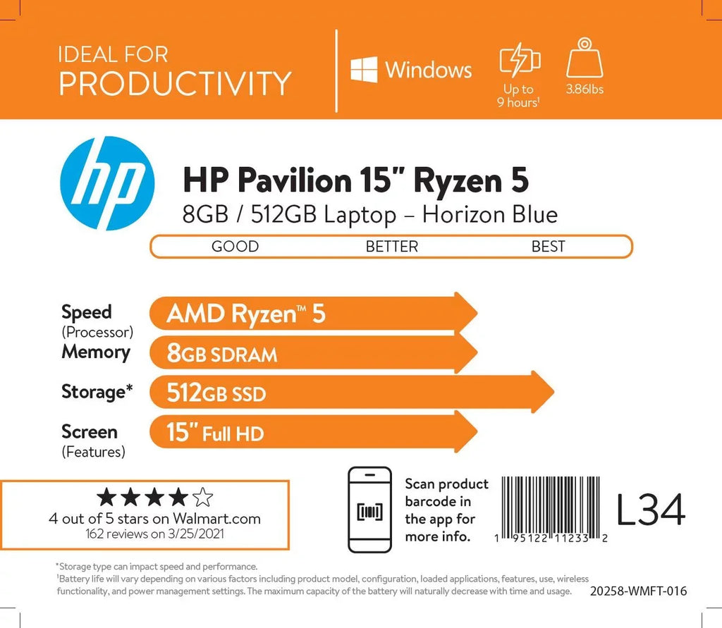 Horizon Blue, 8GB 15.6" Windows 11, SSD, Pavilion Ryzen HP RAM, 15-eh1070wm 7-5700U, AMD FHD, 512GB