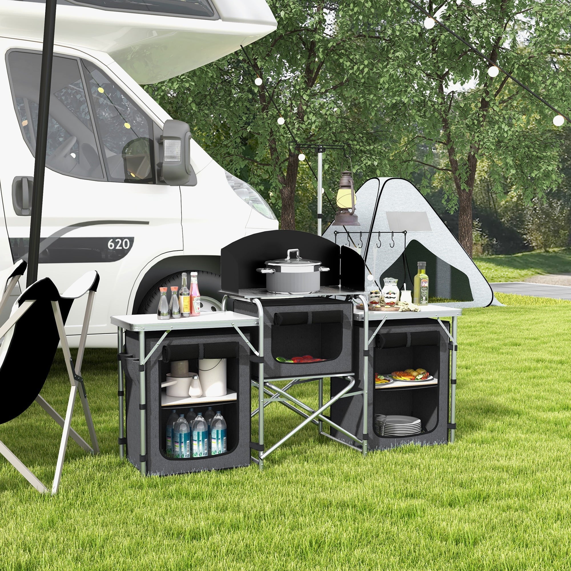 with Camping Cupboards Folding Kitchen Windshield Fabric Outsunny Black