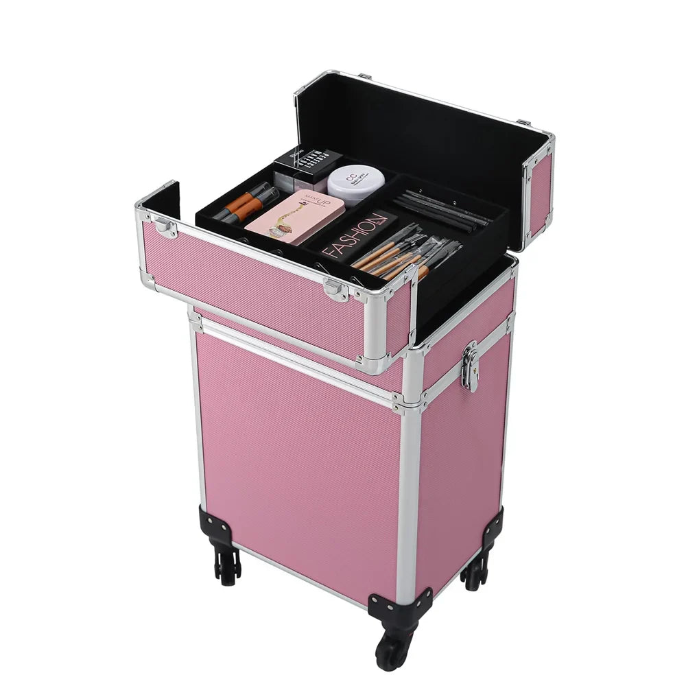 Trolley Zeng Makeup Case,Pink Train Rolling Case Drawers with Case Makeup