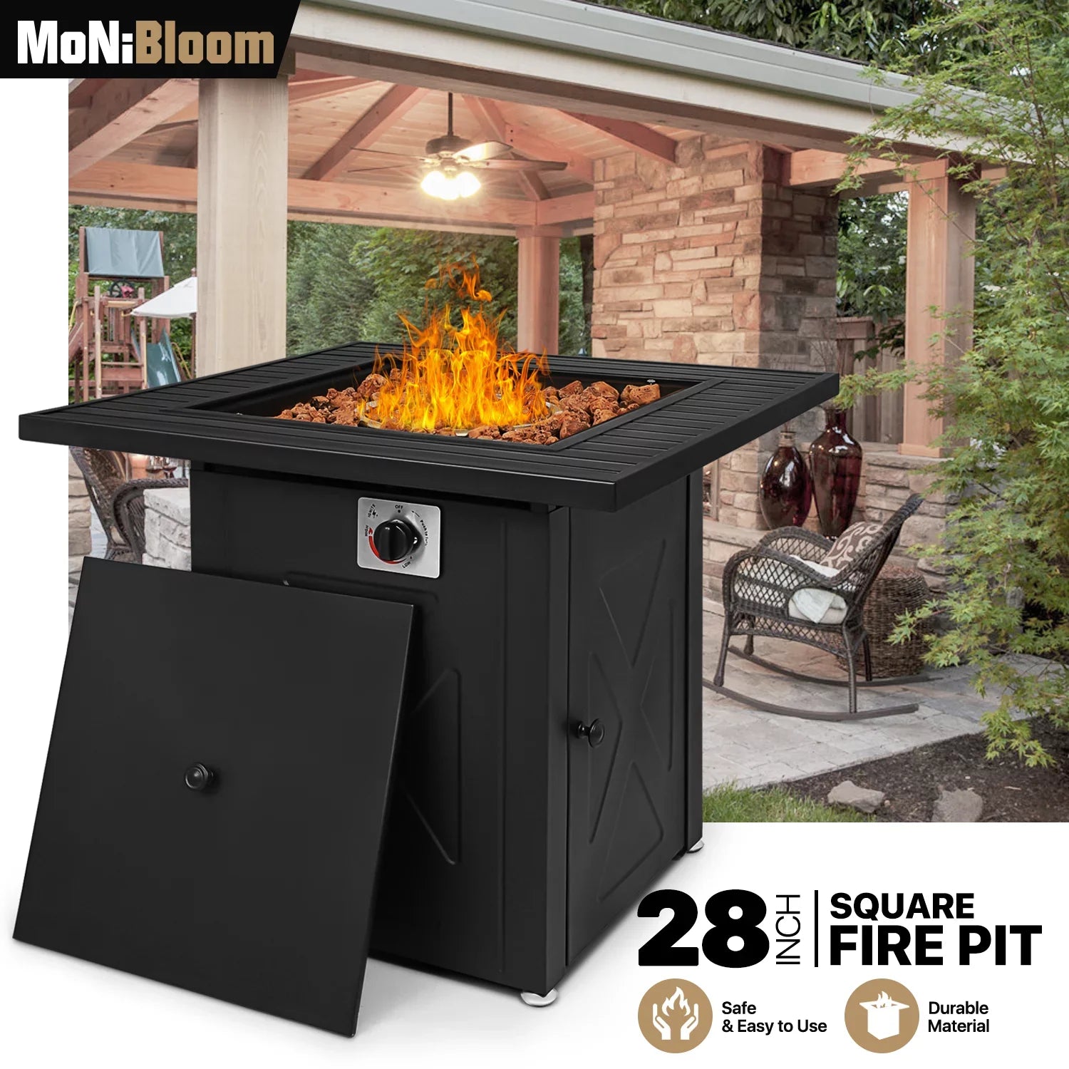 50,000 Lid MoNiBloom Gas Propane Metal Black Outdoor Fire Lava with Pit Table and Square Table Patio, Fire BTU Pit for Rocks 28"