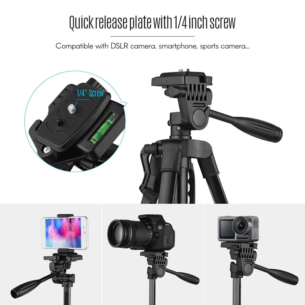 Capacity DSLR Lightweight Alloy Max. Holder 3kg Stand Andoer Tripod with Phone Aluminum for Photography Height 135cm/53in Carry Smartphone Load Bag Camera