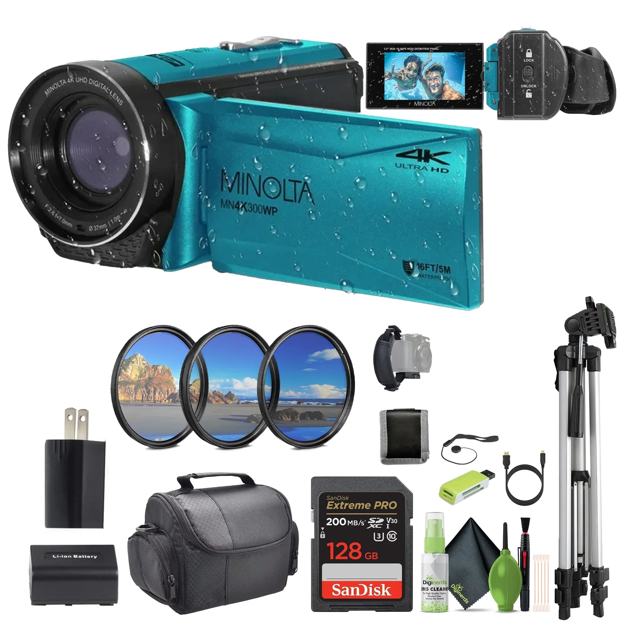 Video Tripod MN4K300WP (Blue) MINOLTA Ultra 4K Memory HD Camera Accessories 128GB Waterproof Camcorder Bundle / With MP 56 Card + + More
