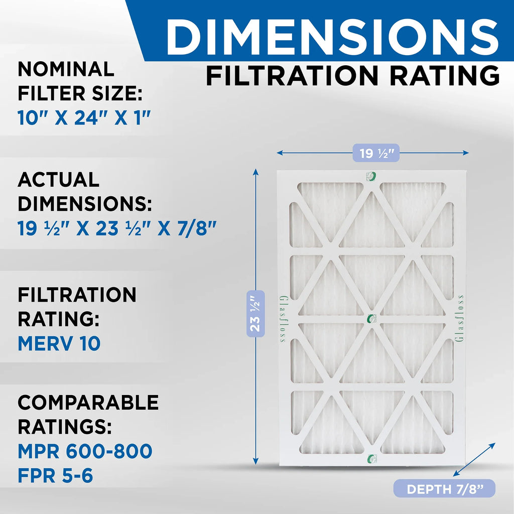 Pleated ( ) 7/8 x 5 Quantity 23-1/2 10 MERV Glasfloss. Filters 10x24x1 HVAC x 9-1/2 Exact by Air Size: