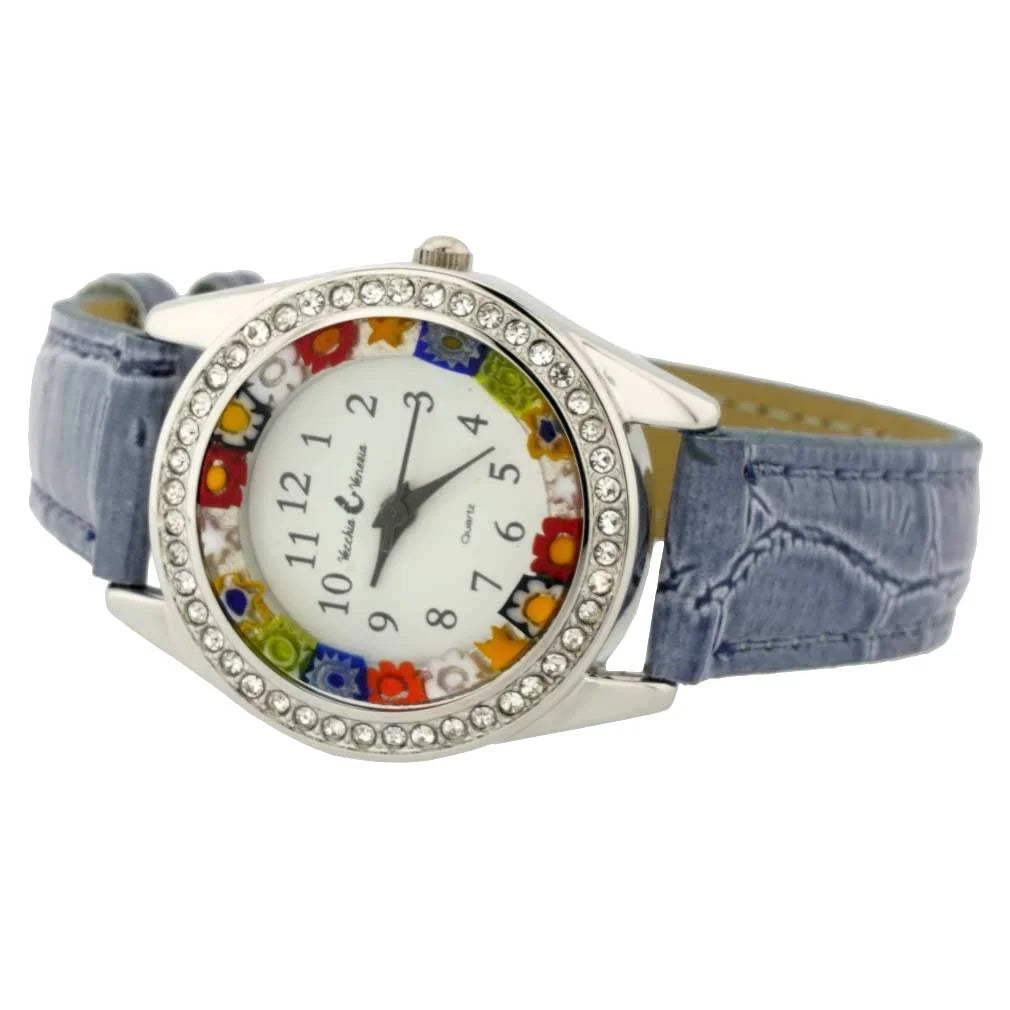 And With GlassOfVenice Blue Light Glass Millefiori Watch Murano Leather Band - Crystals