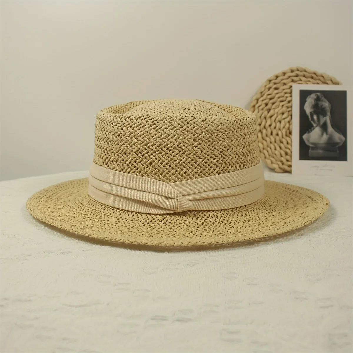 Jkzcp Vintage Top Sun Wide Braided Hat Sun Flat Protection Vacation Hat Beach 1pc Handmade Brim Straw