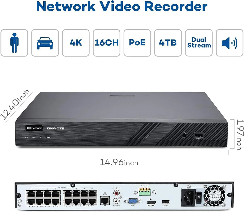 Vehicle PoE 16CH Detection, PoE 4K Camera Human for HDD Security Outdoor 24-7 Business 8MP AI IP Recording, & 16 4TB NVR Channel Surveillance 6MP pre-installed with Cameras, 16pcs ONWOTE System, 4K