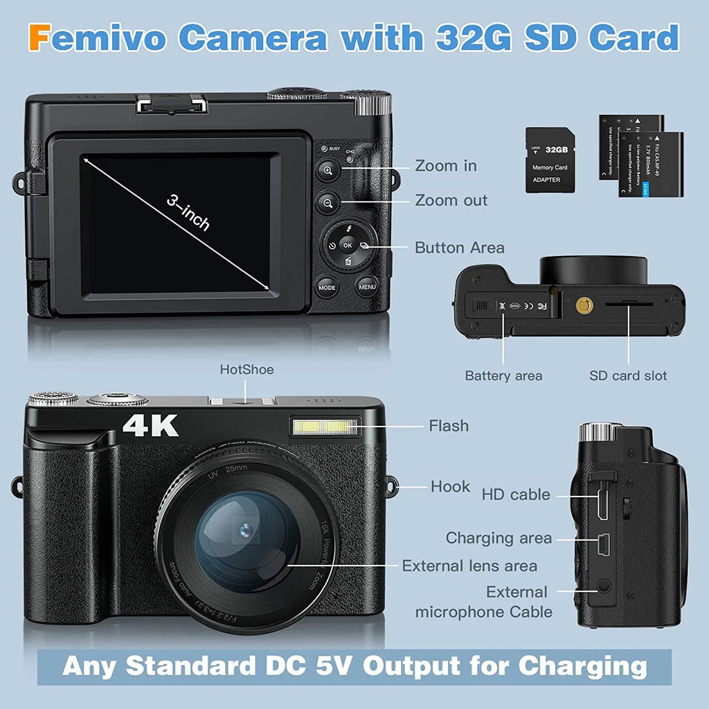 for Camera Zoom Camera 32GB Cameras Autofocus Vlogging 4K Card Digital Digital Video YouTube 16X with for Photography 48MP