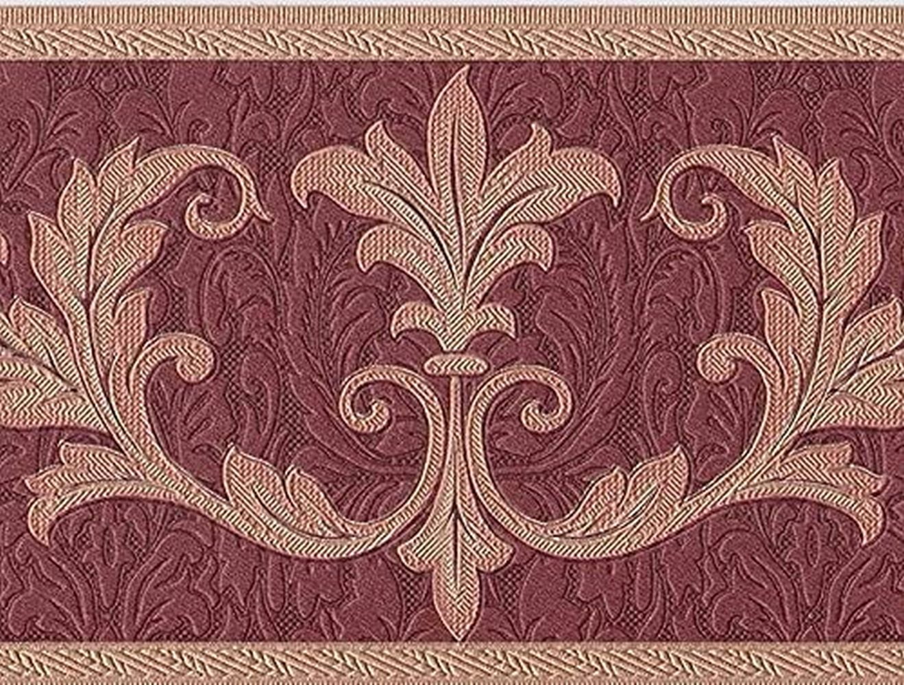 15 Feet Wallcoverings Victorian for 7 Leaves Room Border Gold Wallpaper Damask Bedroom, by Inches Concord Pattern Living Red Style Bronze, 30150