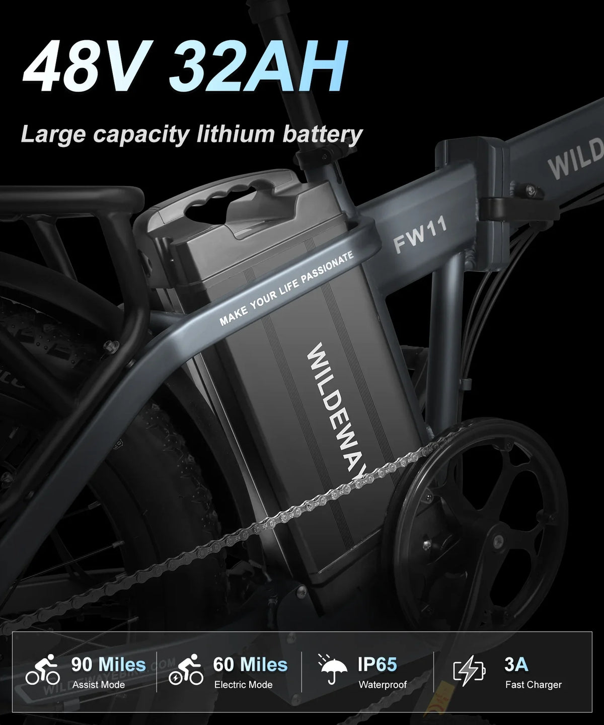 Snow Speeds, ,750w Adults Fat 32ah Wildeway 7 Electric Battery Folding Motor，48v Mountain 20×3.0 City Ebike Removable for Tire , Bicycle Beach