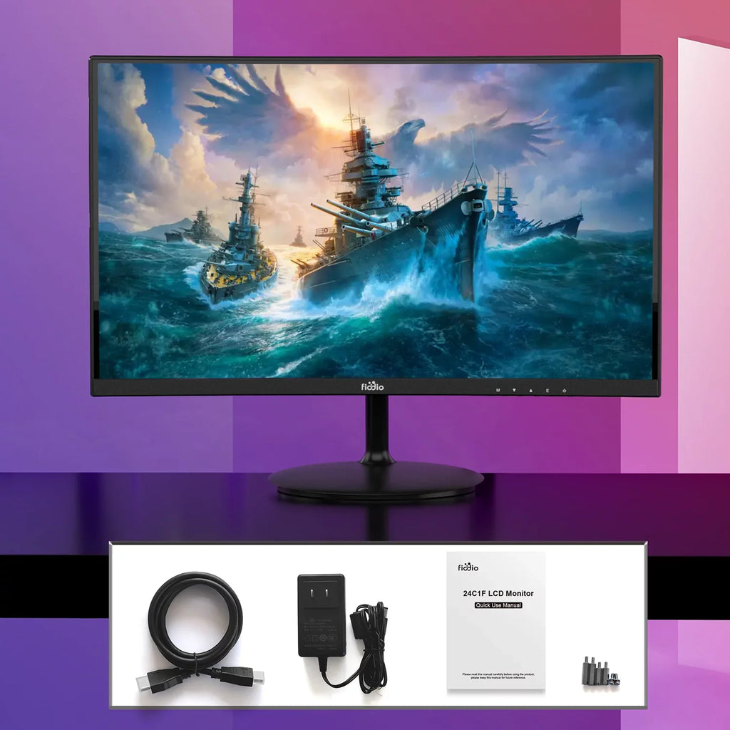 Refresh 24" Curved with HDMI Ready FHD Monitor Rate Fiodio Included) Ports VESA Wall 1080P 75Hz Cable VGA LED (HDMI Speakers, Mount
