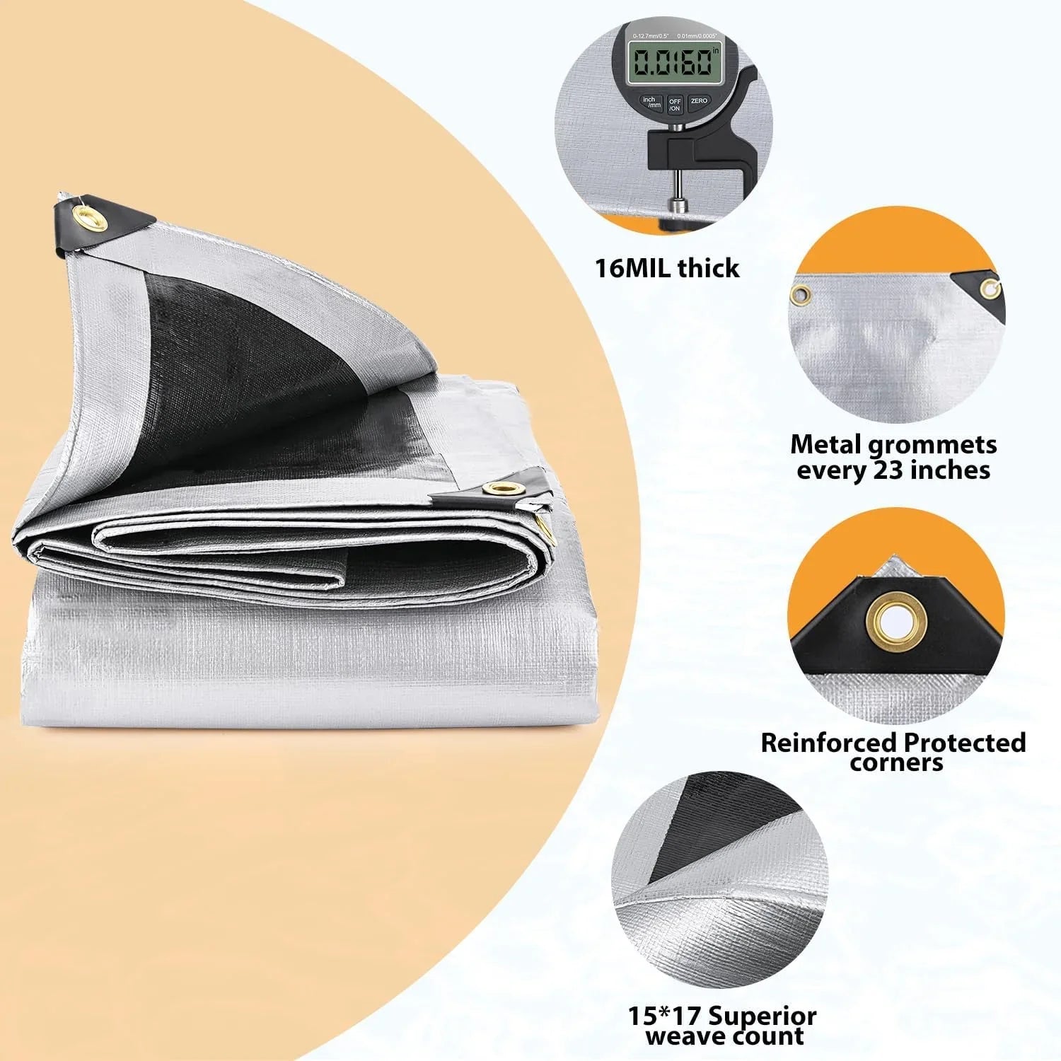 X 12? Duty Thick Extra with Grommets Outdoor 100% & Resistant, Pool, 20?, Heavy 16 Mil, Tear Patio, Reinforced Tarp UV Roof, Tarps Camping, Waterproof Fade Boat(Silver/Black) Blocking, for