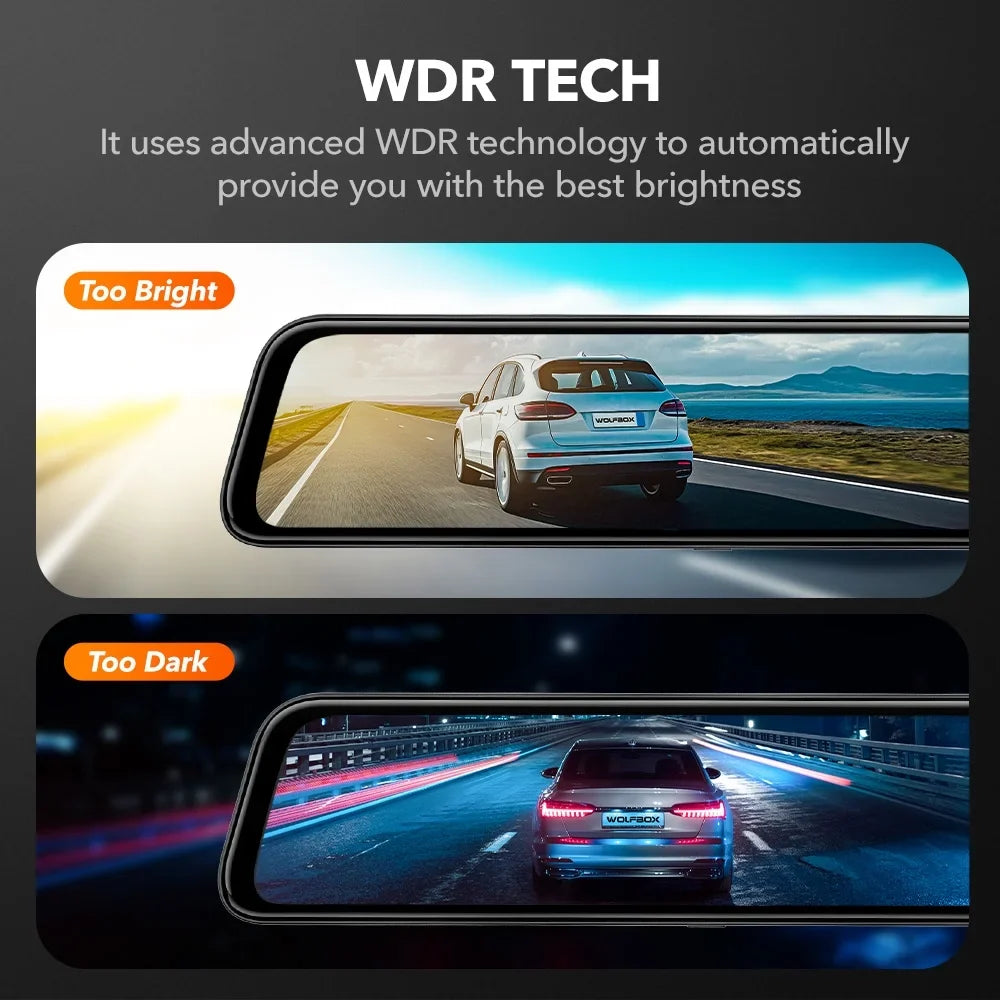 Full Dash Camera, Dash GPS Mirror 32GB Card Rear with Screen, 4K Mirror Backup Parking & Touch 12" Camera Free Cam, Monitor, View WOLFBOX