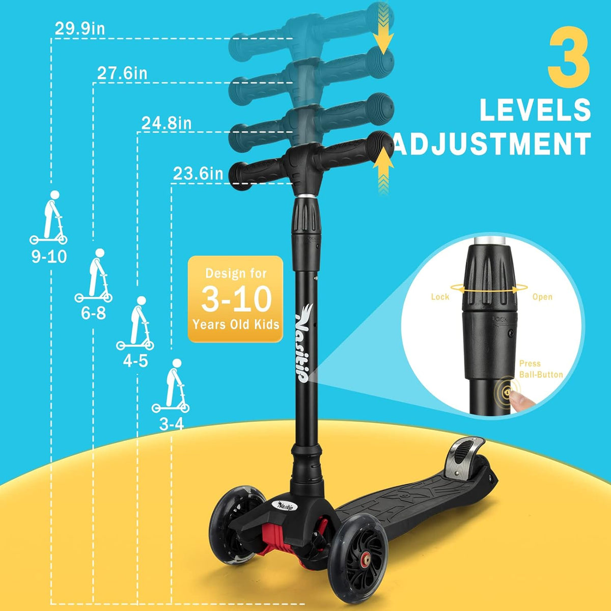to Collapsible 12 with Portable Scooter Bearing, 3 Old(Black) Push 3 Boys for Scooter Height, from Kick Girls Wheels Years Kids Toddlers Light AEBC-9 Up 4 Adjustable