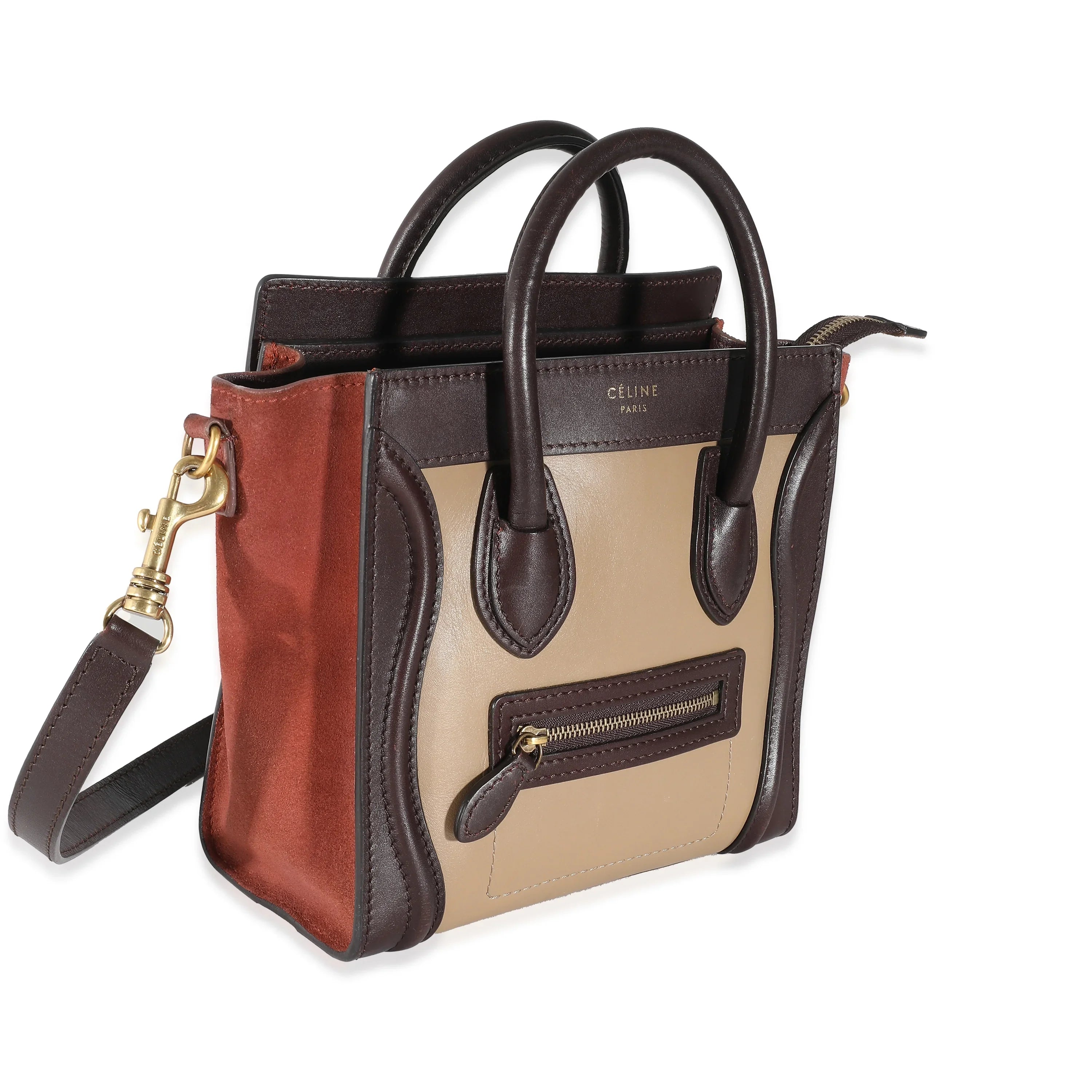 Nano Luggage Beige Burgundy Pre-Owned Suede Tri-Colour Celine Leather Brown