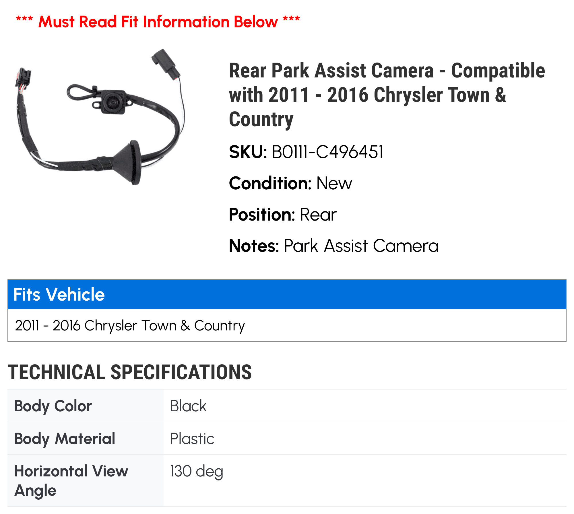 2013 Assist 2014 Town Park - 2011 2015 - Compatible Country 2016 with Camera Chrysler Rear 2012 &