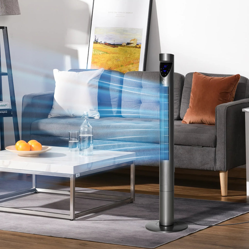 Tower Fan Bedroom 12H Cooling Oscillating, and Filter, for 3 Speeds, Timer, Remote Control, with Air 46" Grey HOMCOM