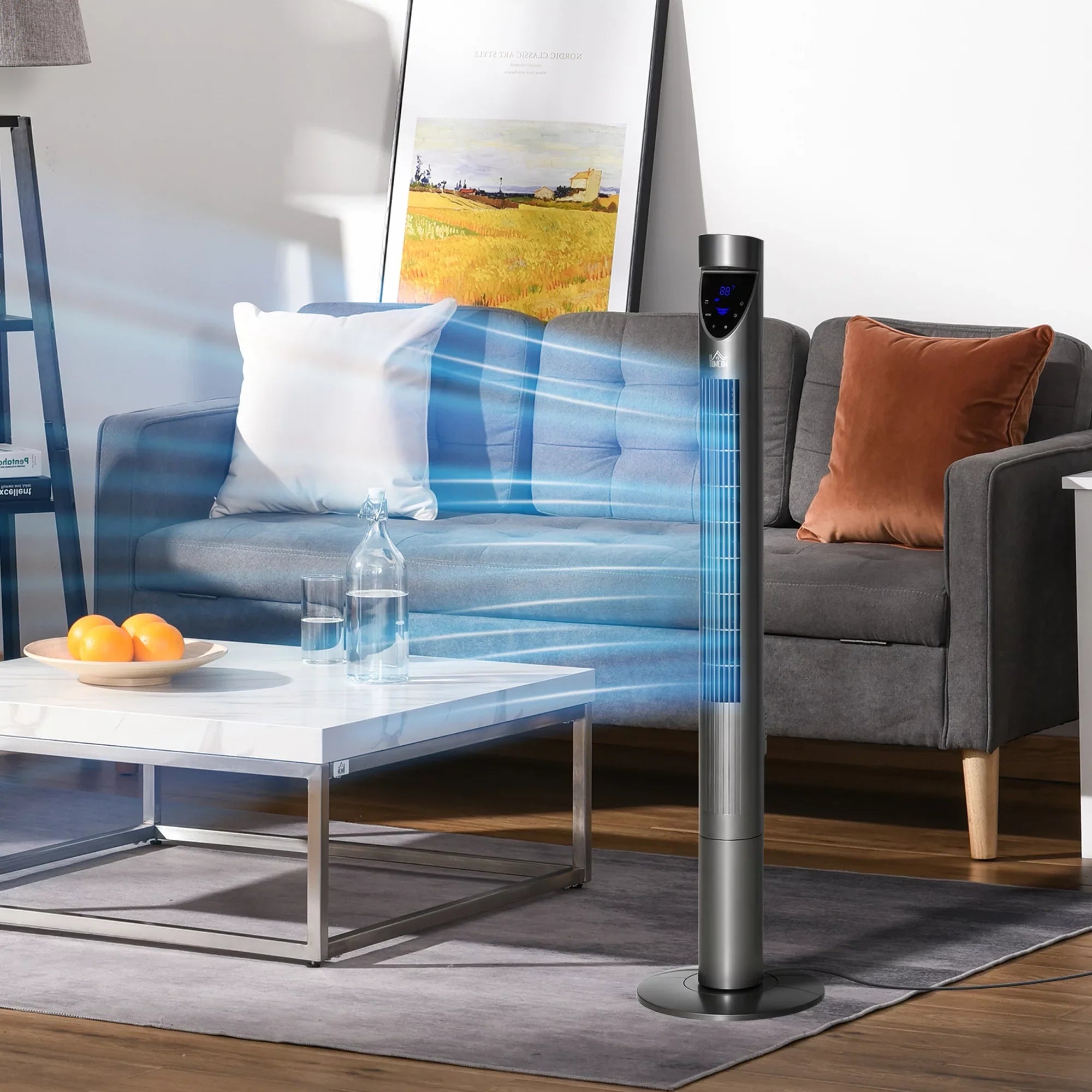 Tower Fan Bedroom 12H Cooling Oscillating, and Filter, for 3 Speeds, Timer, Remote Control, with Air 46" Grey HOMCOM