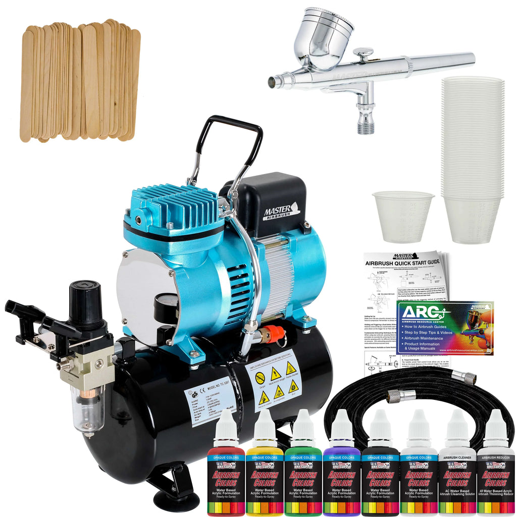 Compressor Gravity Set with Feed Airbrush Airbrush, 6 Acrylic Artist Air Kit Master Tank Dual Fan Paint Color Storage