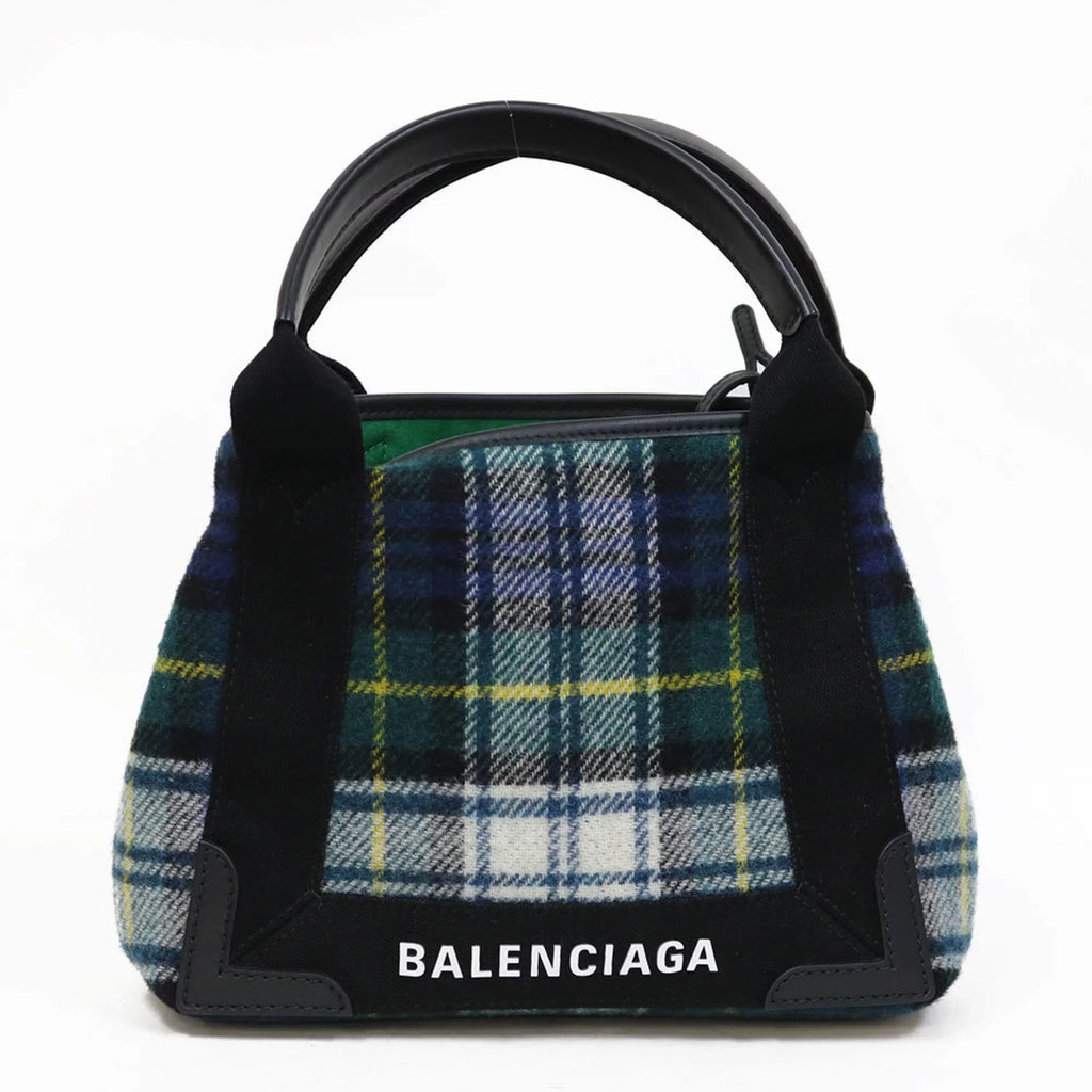 Navy Small Balenciaga Men's Pre-Owned Cabas Women's Green Plaid (Fair) Handbag