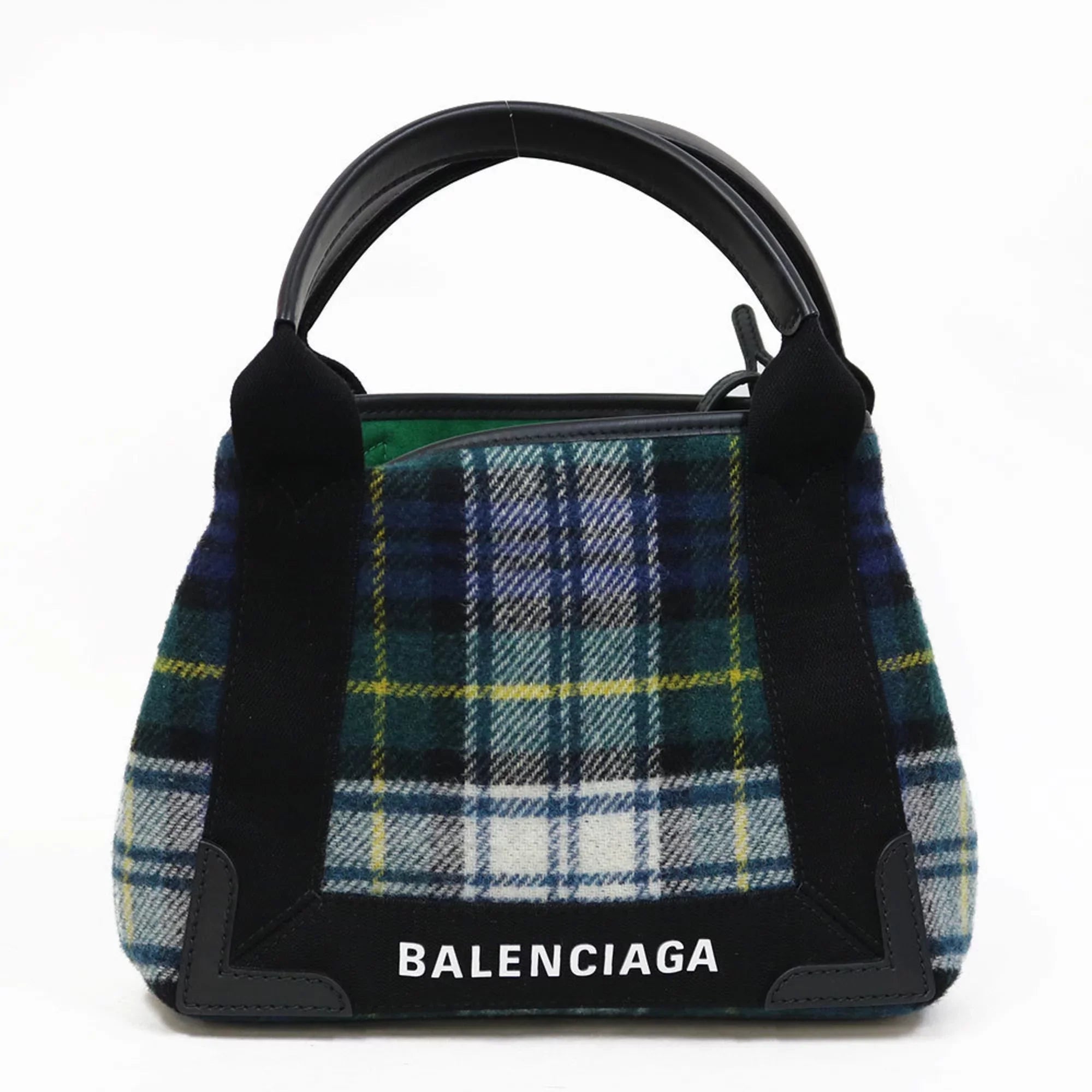 Navy Small Balenciaga Men's Pre-Owned Cabas Women's Green Plaid (Fair) Handbag