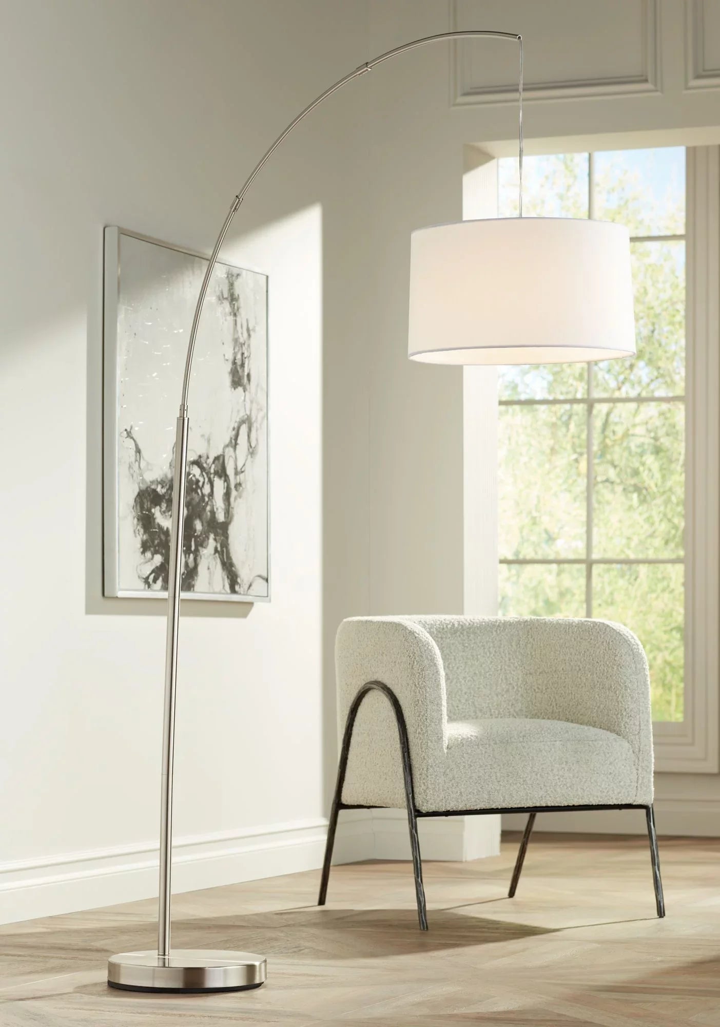 Floor Brushed Drum for Tall 360 Standing Reading Office Room 72" Linen Lamp Cora White Shade Living Nickel Arc Lighting Metal Bedroom House Modern