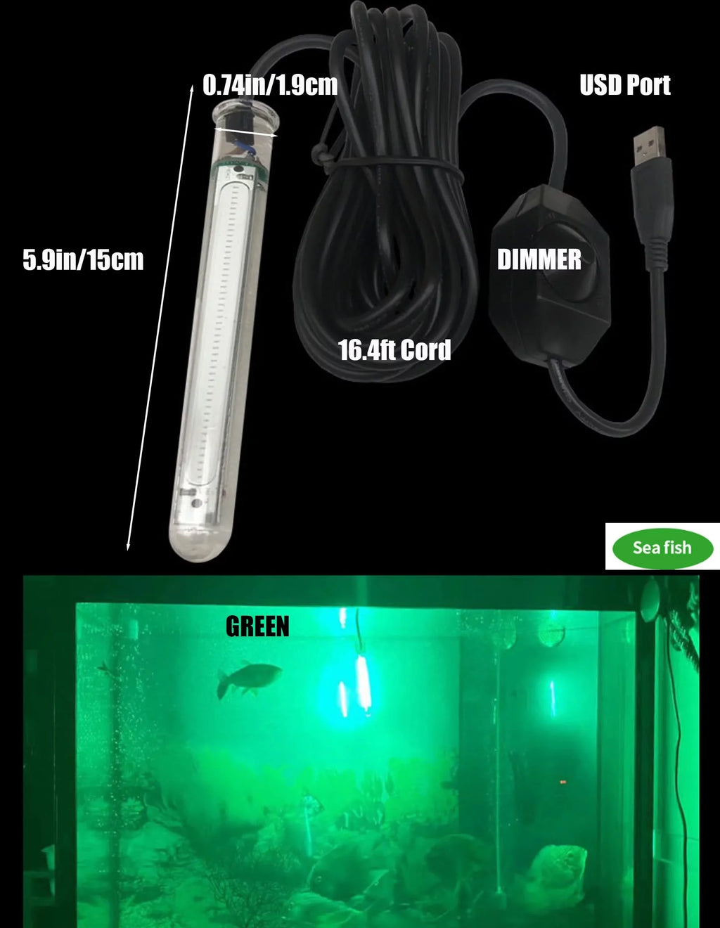 20W Portable Fishing Finder Underwater Dimmable Green Fishing Fish Submersible Fishing Light Attracting LED 5V 16.4ft for Camping - Light FSLiving Light USB Light,Night Charging