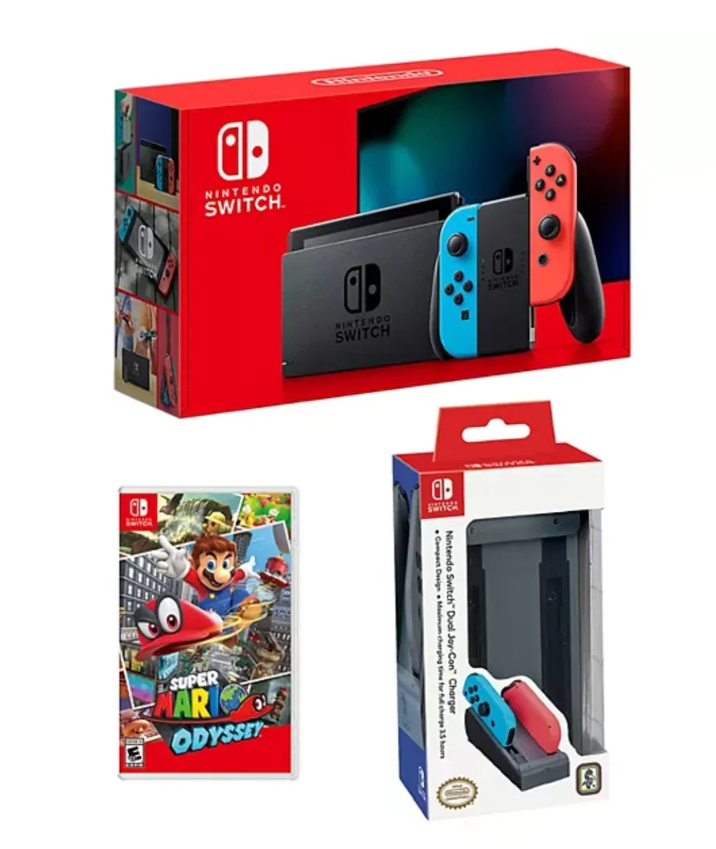 Dual Nintendo Game & Charger Switch Gray Mario Odyssey Joy-Con Console with