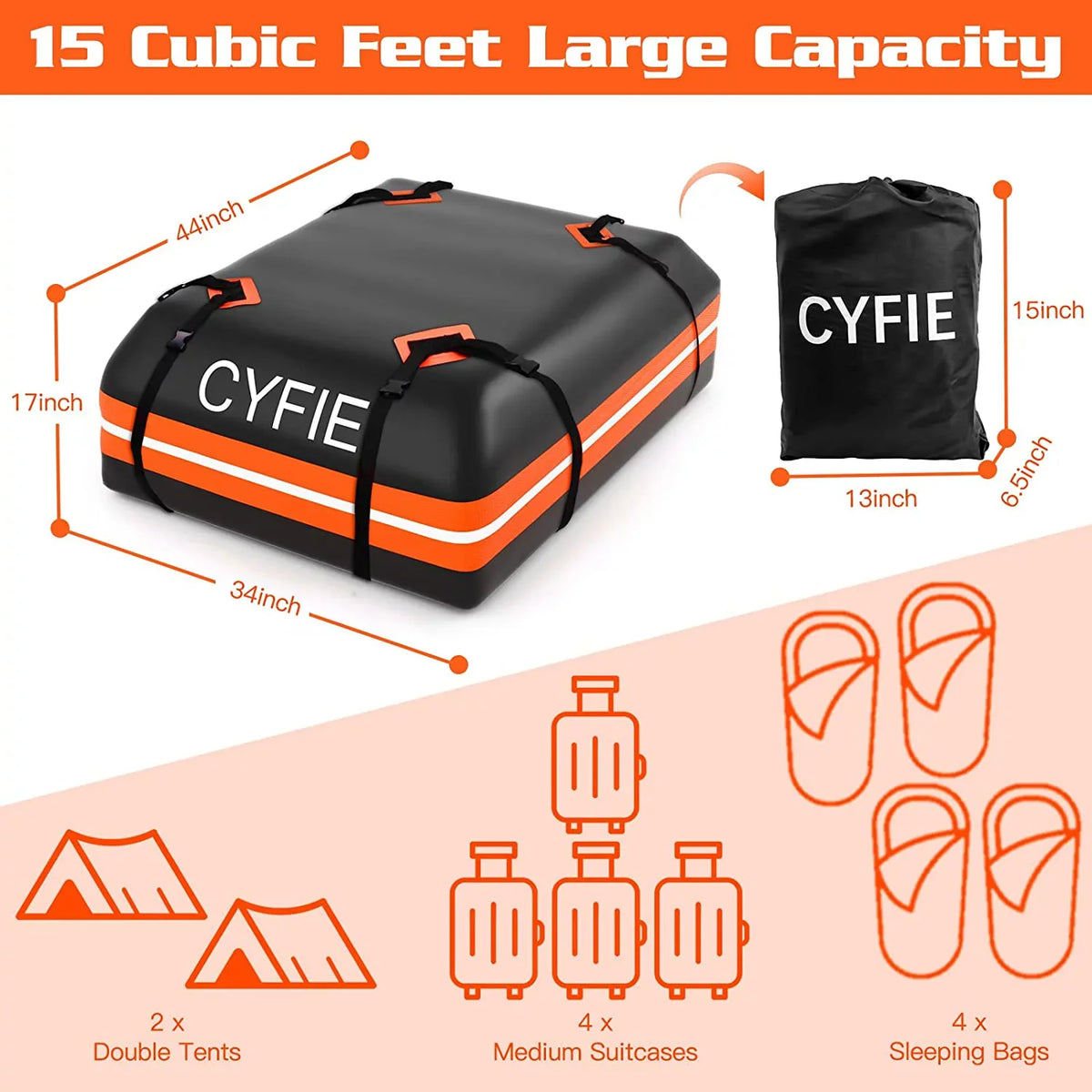 Cargo Hooks, Cars Straps, Top Carrier Car 15Cu. Rack, Bag 6 for Bag Reinforced Door for Includes with/Without Rooftop Anti-Slip Tearproof, All Car,SUV 8 & Storage Mat, ft Cyfie Waterproof