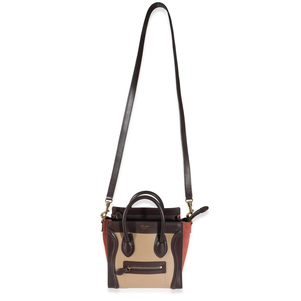 Nano Luggage Beige Burgundy Pre-Owned Suede Tri-Colour Celine Leather Brown