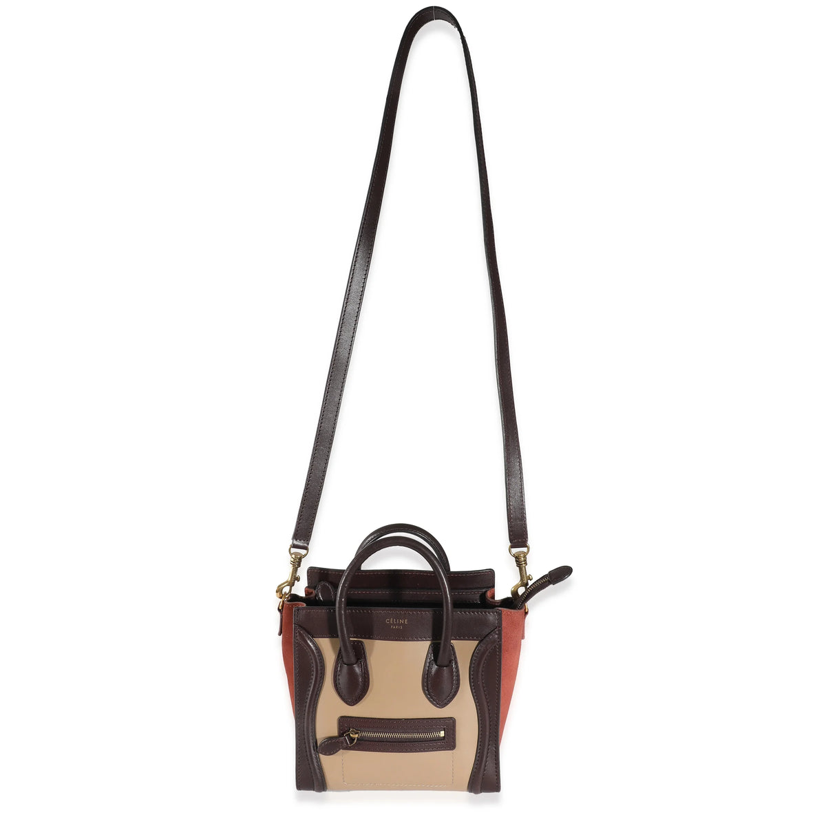 Nano Luggage Beige Burgundy Pre-Owned Suede Tri-Colour Celine Leather Brown