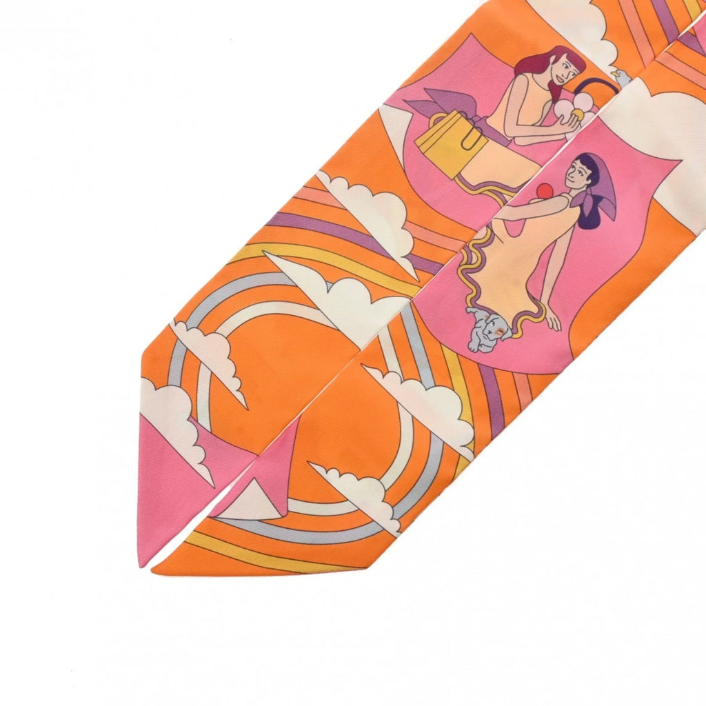 Muffler Volants Twilly (Like Carres HERMES - 100% Scarf Silk Pre-Owned Women's New) Orange/Rose/Mauve