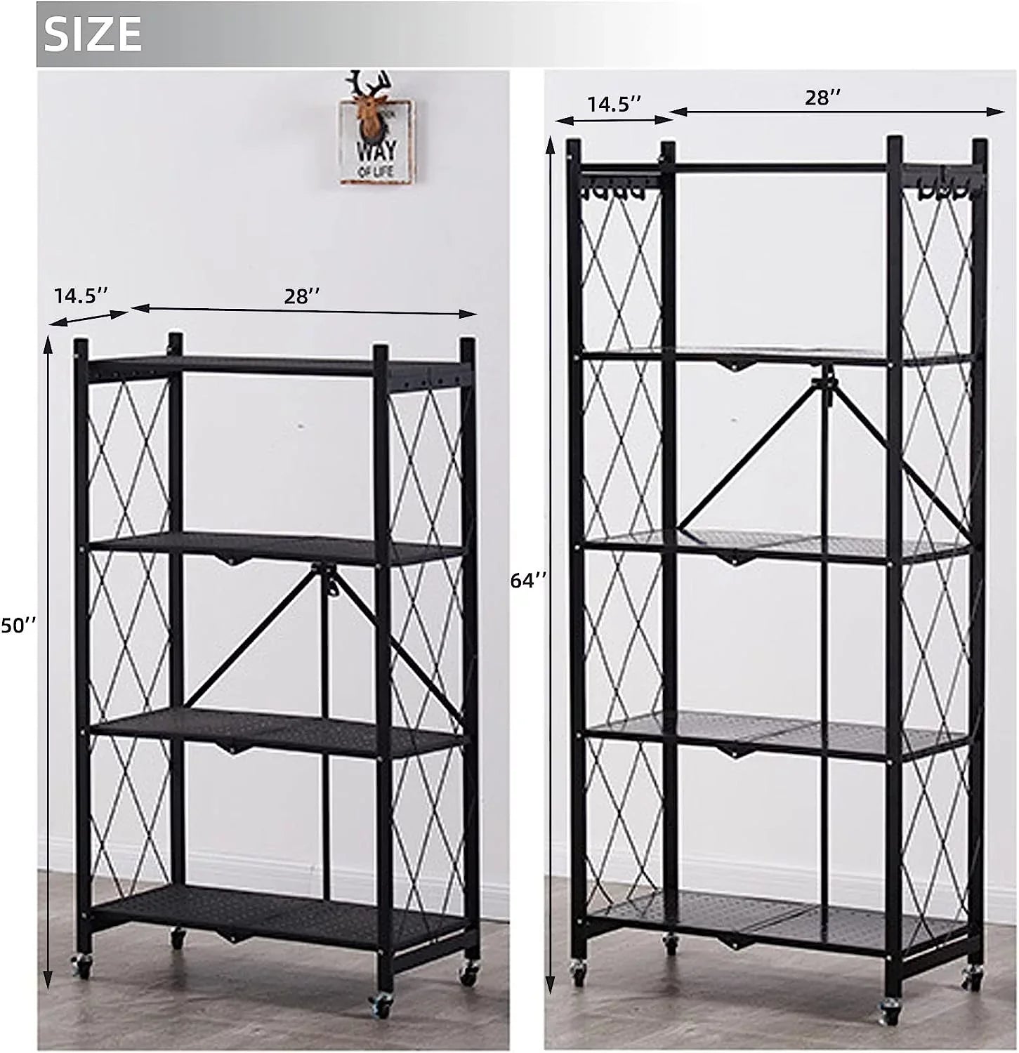 65" Collapsible Metal Wheels Kitchen x Duty (5- Units for H Shelving storage) Metal Rack, shelf Closet, D Storage W 5-Shelf Bakers on x Foldable Garage Shelves, Organizer 14" Wire, Heavy 28"