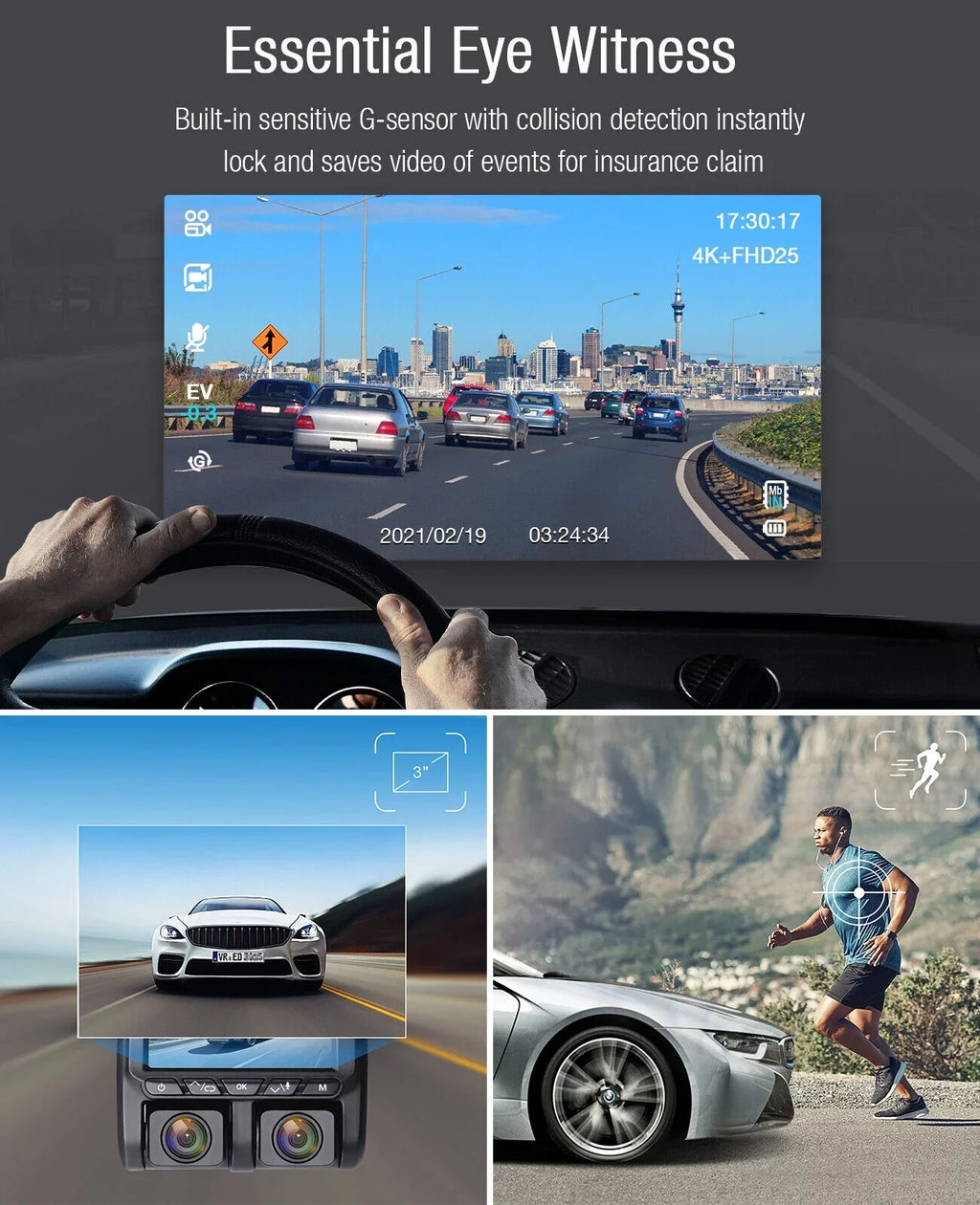 3" Dash Screen Loop G-Sensor and Dash Front Camera 4K Mode Cam Camera 4K+1080P Parking TOGUARD Recording LCD Car Inside