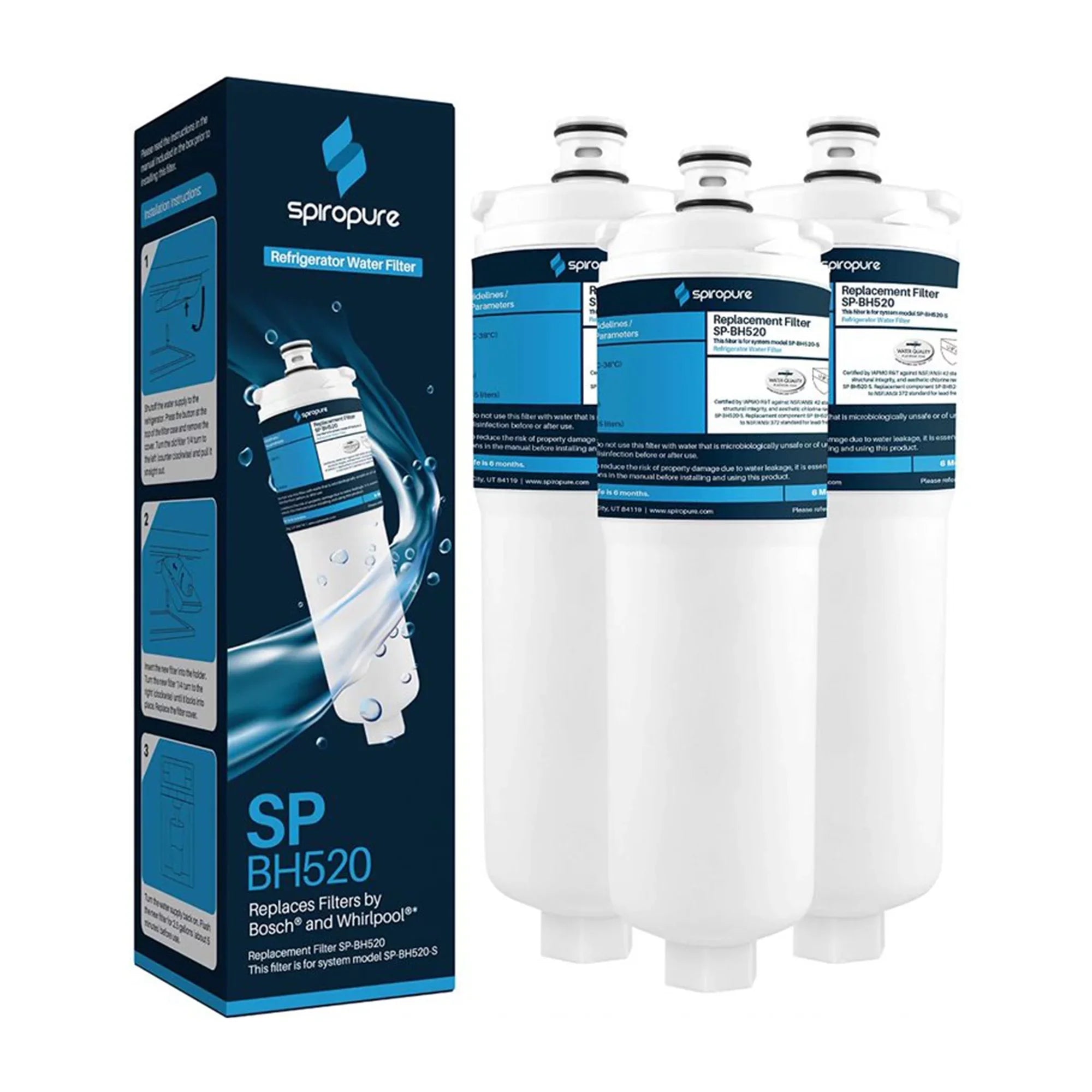 3 SpiroPure SP-BH520-3PK Water Filter Part, Refrigerator Replacement Pack