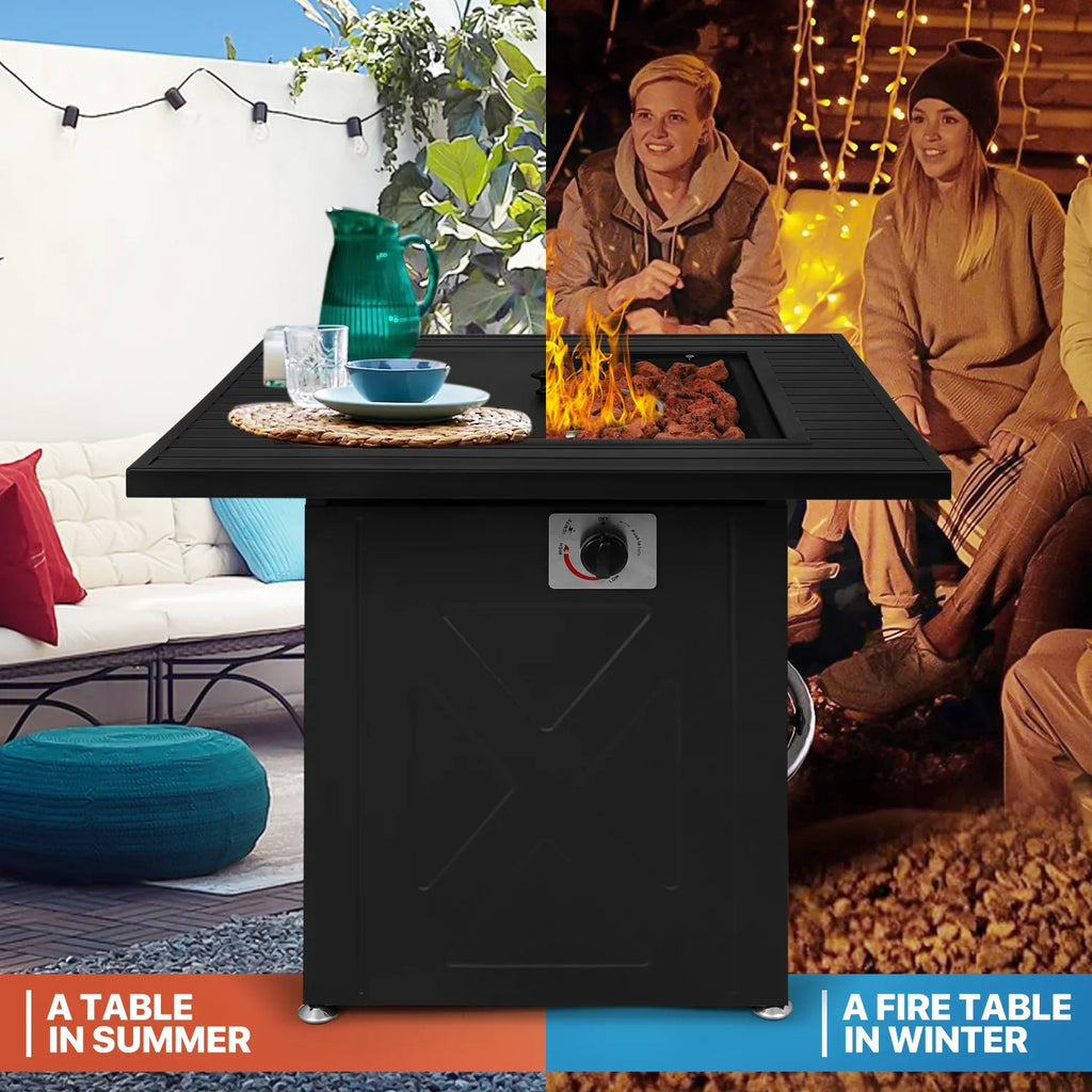 50,000 Lid MoNiBloom Gas Propane Metal Black Outdoor Fire Lava with Pit Table and Square Table Patio, Fire BTU Pit for Rocks 28"
