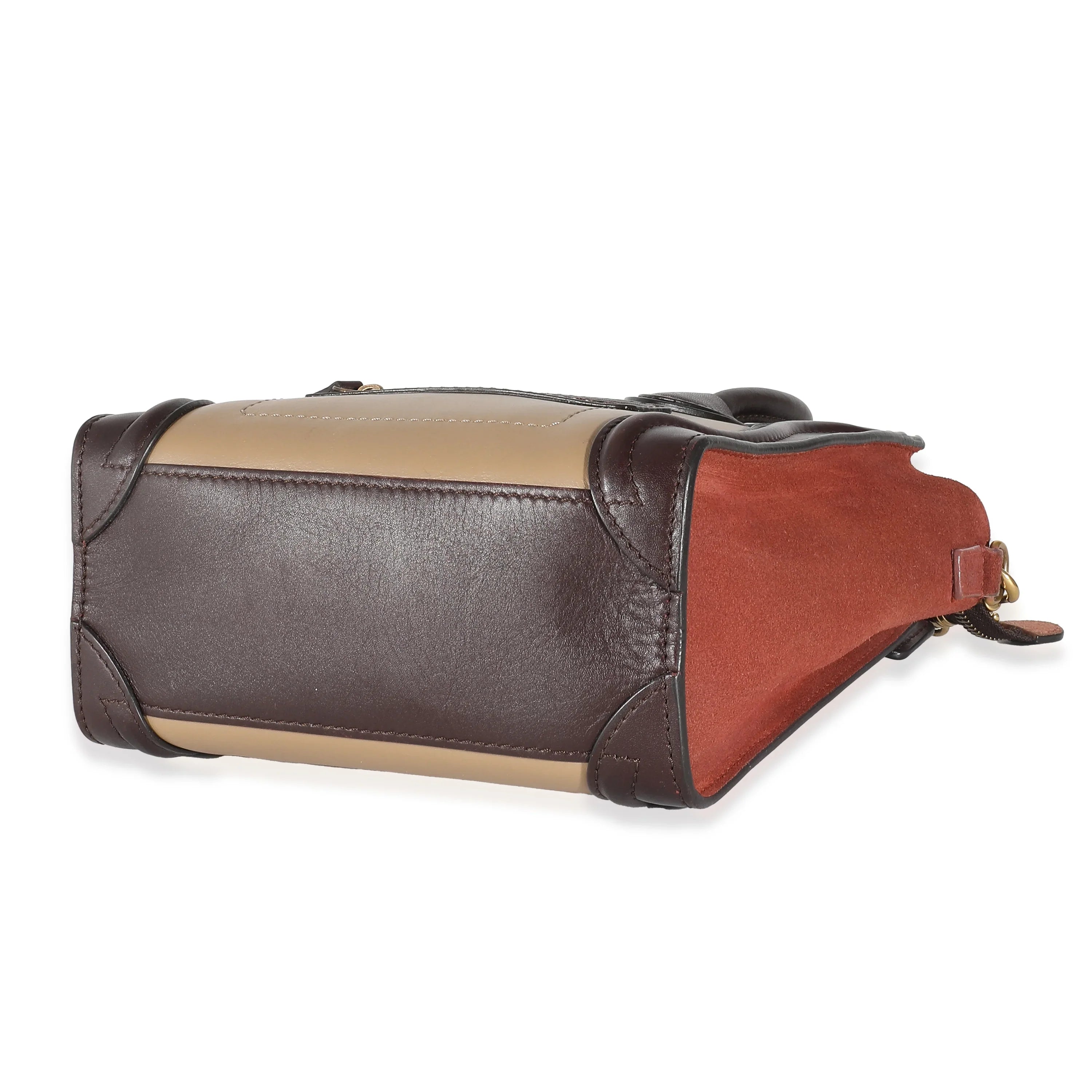 Nano Luggage Beige Burgundy Pre-Owned Suede Tri-Colour Celine Leather Brown