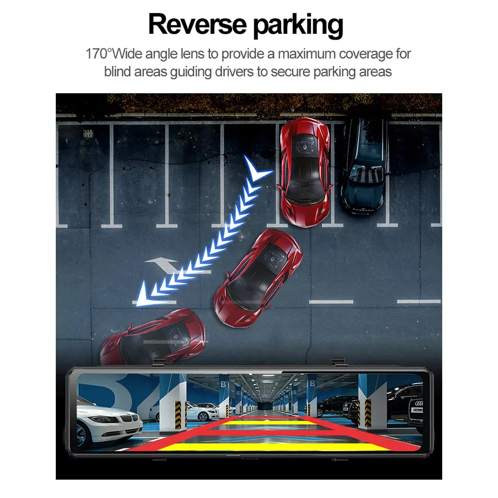 Cam 4K Paddsun View Control Backup WiFi Mirror Rear Dash Voice GPS Car 12" Dual Camera