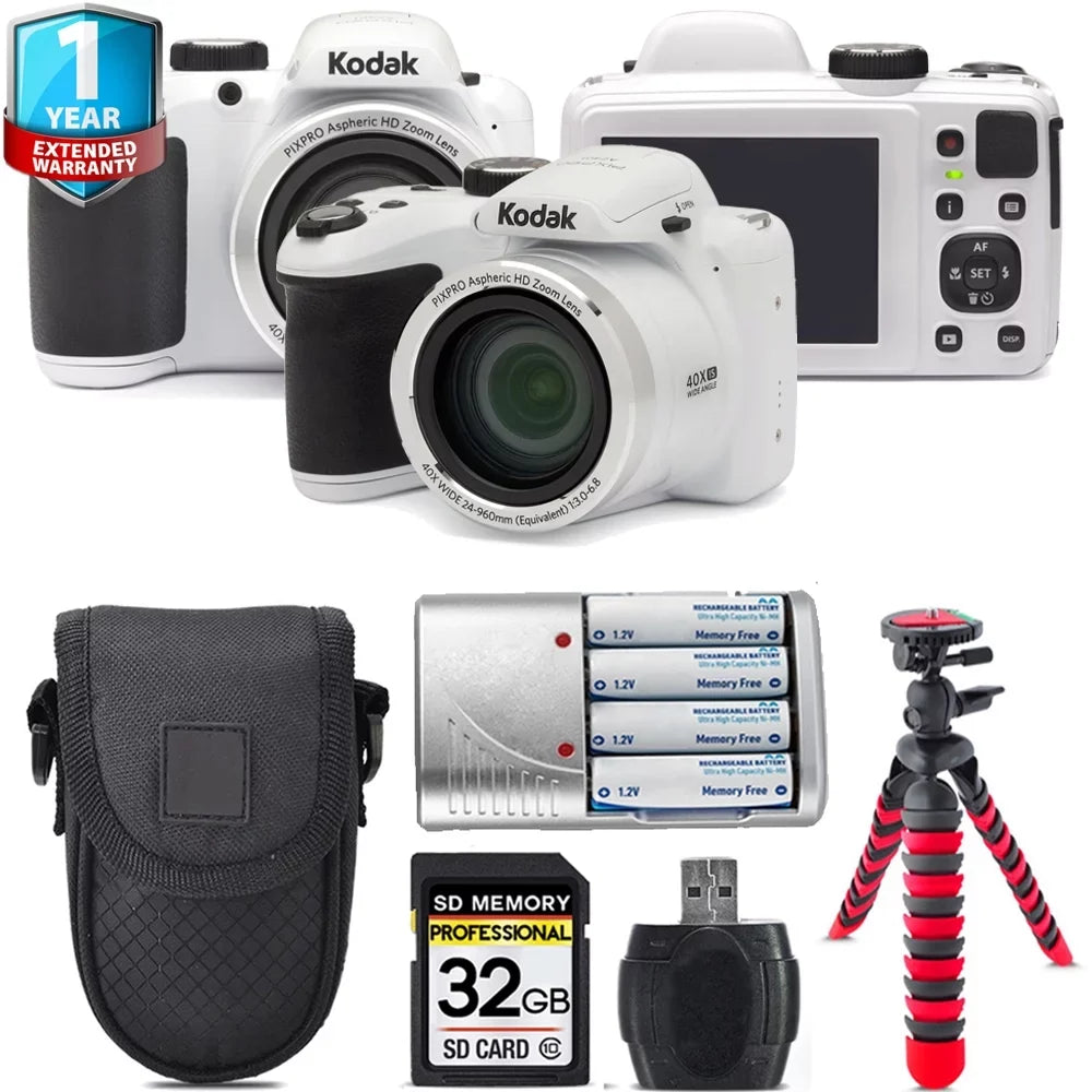 1 AZ401 PIXPRO (White) Warranty +Tripod -32GB Yr Kodak + Camera + Case Kit