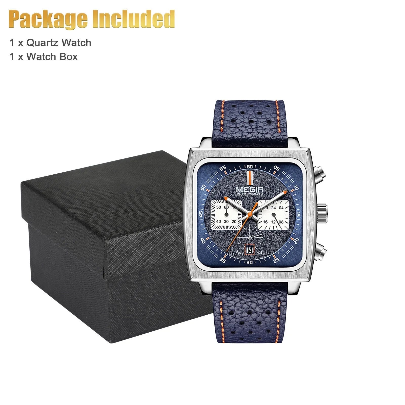 Wrist Leather Quartz Waterproof MEGIR Men Watch Square Calendar Luminous Fashion