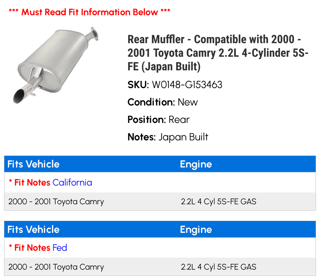 Toyota - Compatible - with Camry Muffler 2.2L 5S-FE Rear (Japan 4-Cylinder 2000 Built) 2001