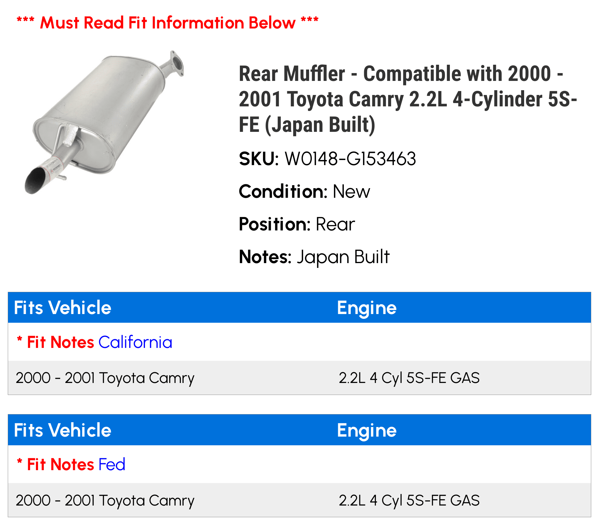 Toyota - Compatible - with Camry Muffler 2.2L 5S-FE Rear (Japan 4-Cylinder 2000 Built) 2001