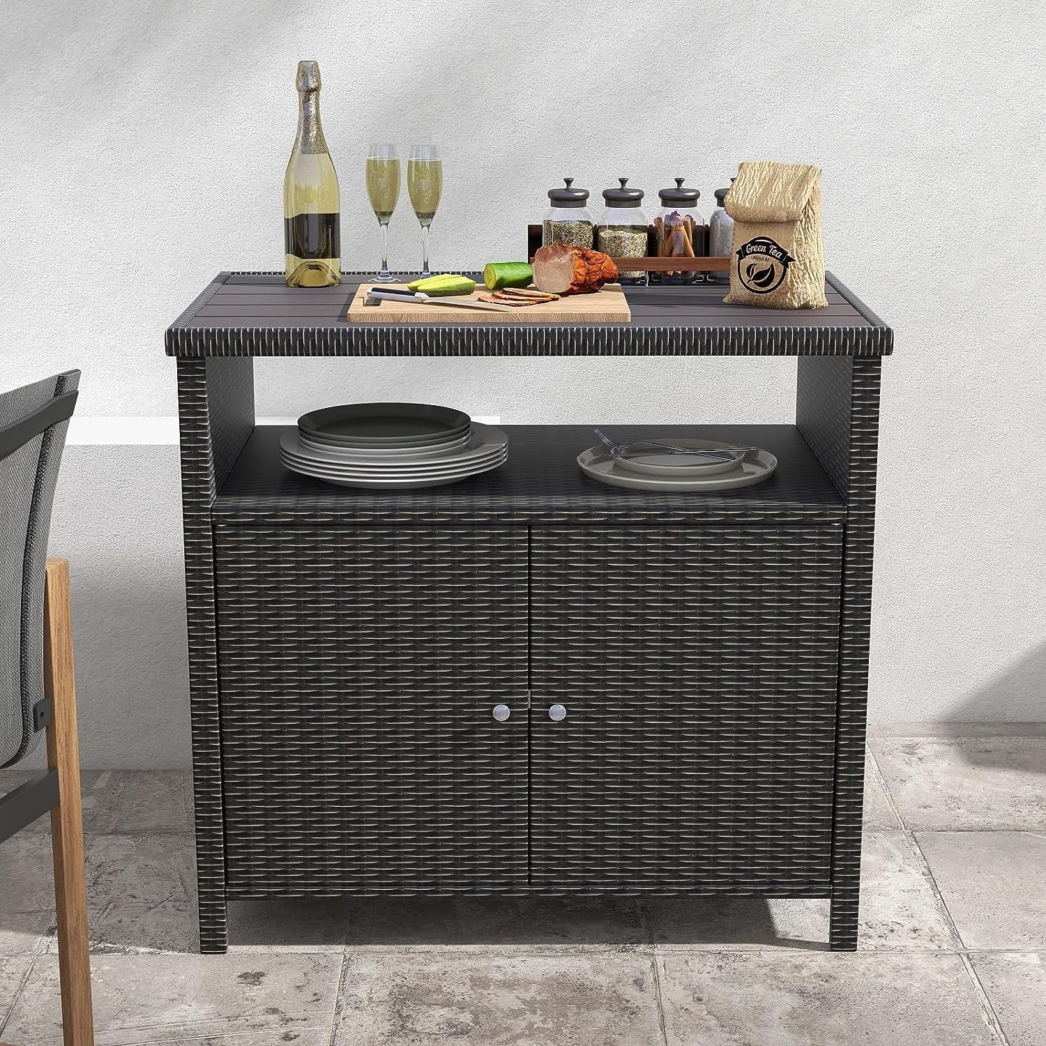 Resin with Powder Storage Outdoor Cabinet Wicker, Wicker Coated Steel, Dark Weather 2-Door Indoor Brown All Shelf,