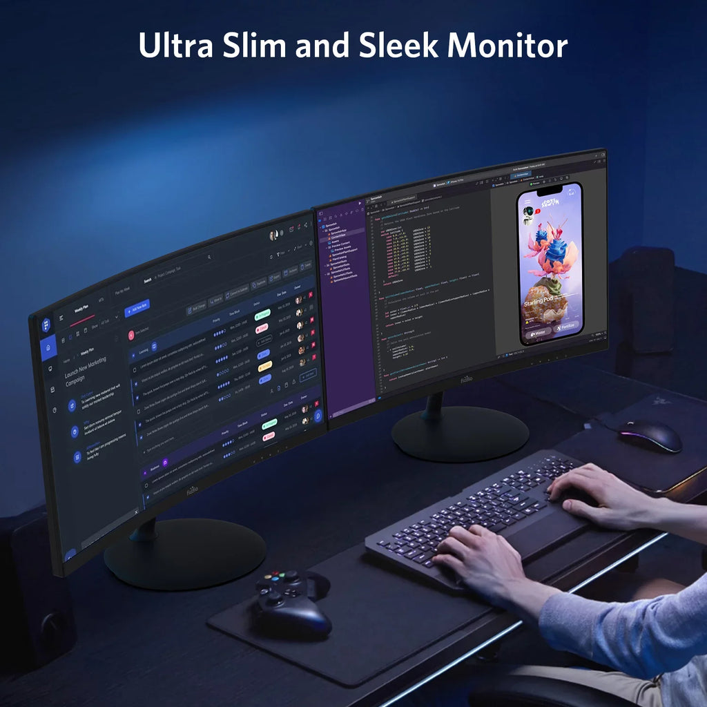 Refresh 24" Curved with HDMI Ready FHD Monitor Rate Fiodio Included) Ports VESA Wall 1080P 75Hz Cable VGA LED (HDMI Speakers, Mount