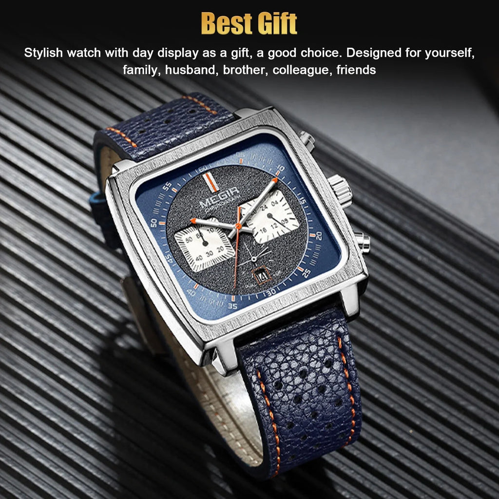 Wrist Leather Quartz Waterproof MEGIR Men Watch Square Calendar Luminous Fashion