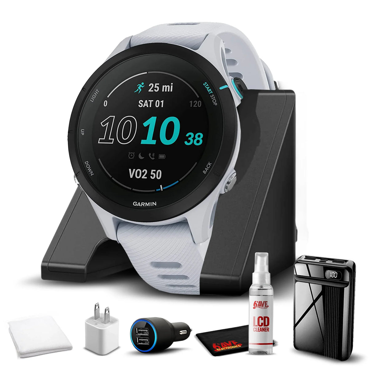Advanced Running Forerunner 6Ave Battery, Smartwatch Smaller Music, Towel, Travel & Insights, 255S Garmin Workout with Charging Whitestone Kit Long-Lasting Cleaning Base, Music, with GPS