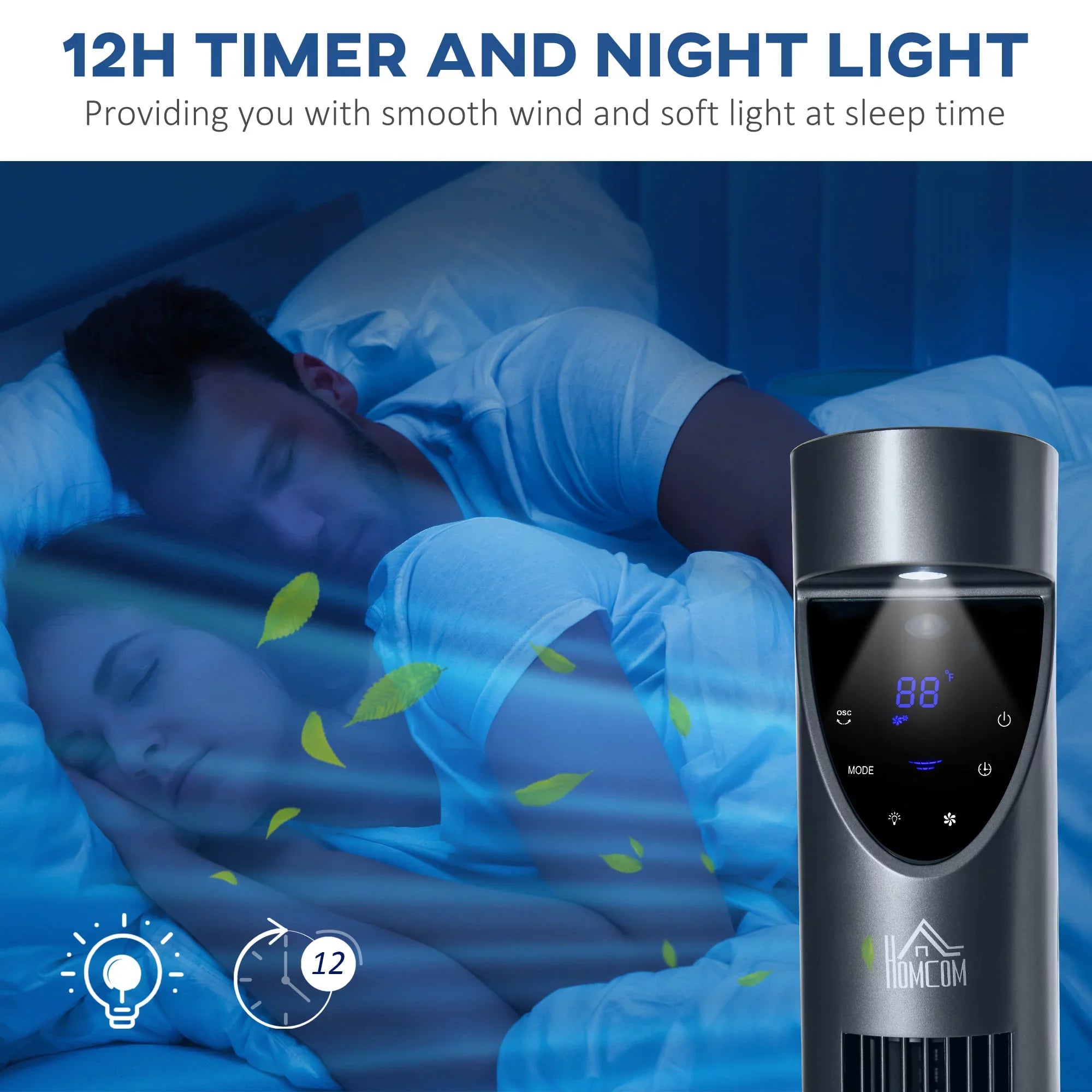 Tower Fan Bedroom 12H Cooling Oscillating, and Filter, for 3 Speeds, Timer, Remote Control, with Air 46" Grey HOMCOM