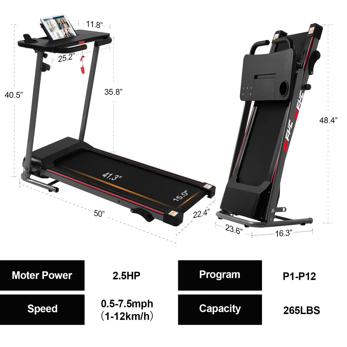 Treadmill Workout, Weight Spaces Foldable 265LBS Treadmill Home for 2.5HP for Capacity Portable FYC and Machine Folding Desk Small - Walking Running Compact for Electric Running with
